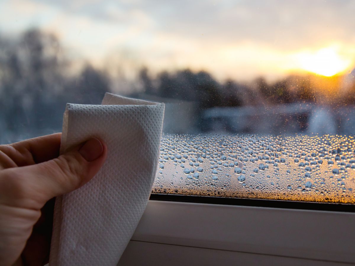 Wiping condensation away from bottom of window frame with a paper towel