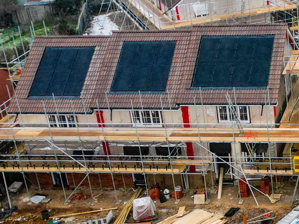 Platinum court development site trowbridge aerial view with solar panels on roofs