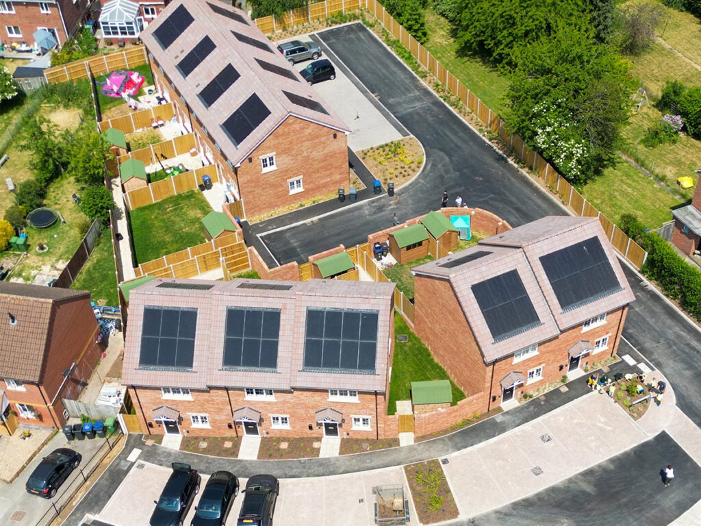 Aerial image of new affordable and sustainable housing development in Trowbridge