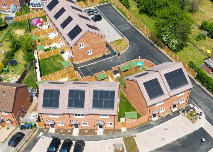 Aerial image of new affordable and sustainable housing development in Trowbridge