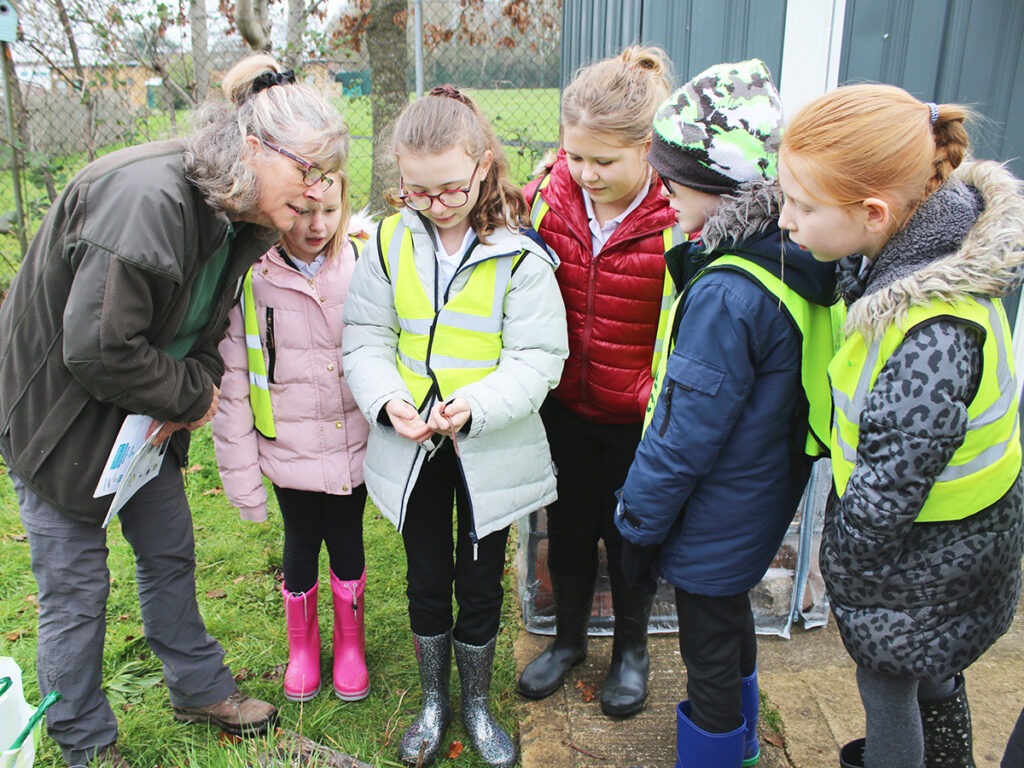 Children in a group holding and looking at a worm with Sue Deedigan from Wiltshire Wildlife Trust