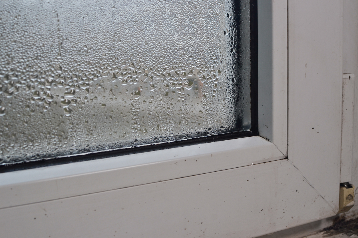 Condensation with a small amount of mould growth on PVC window frame