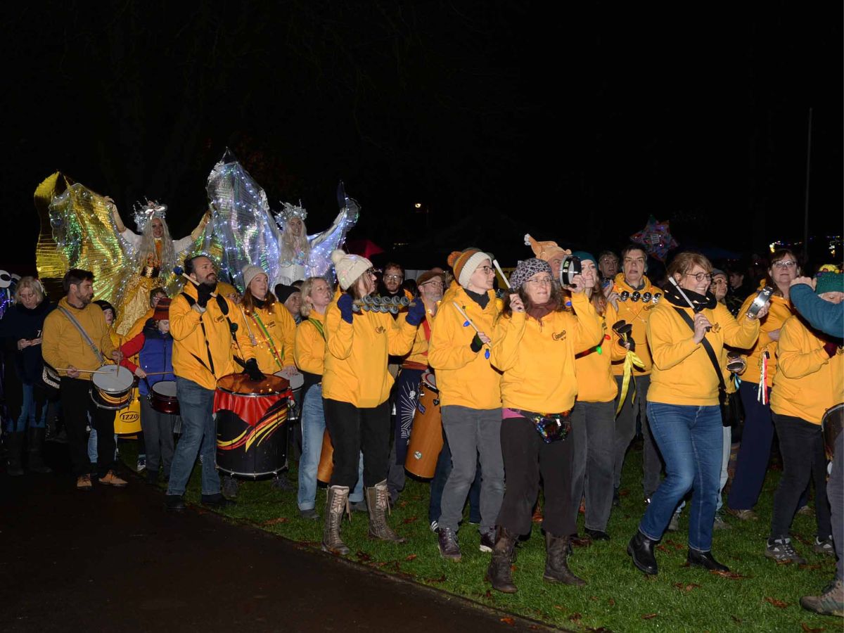 Jamma de Samba band lead the lantern parade around Trowbridge town park for the Christmas light switch on event
