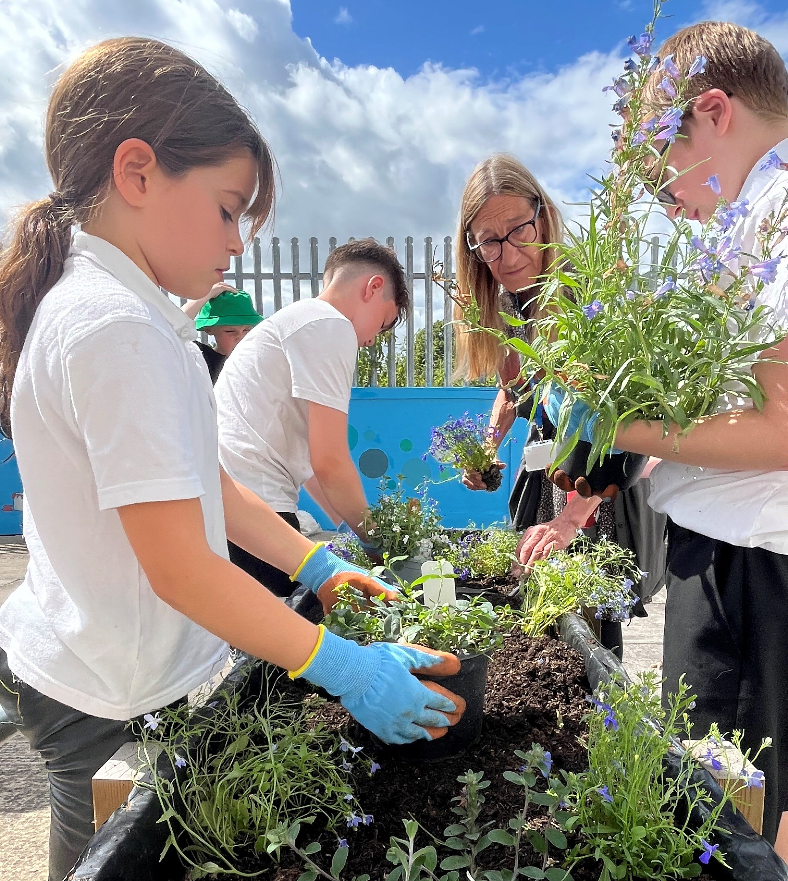 Children with TEAM10 help with planting